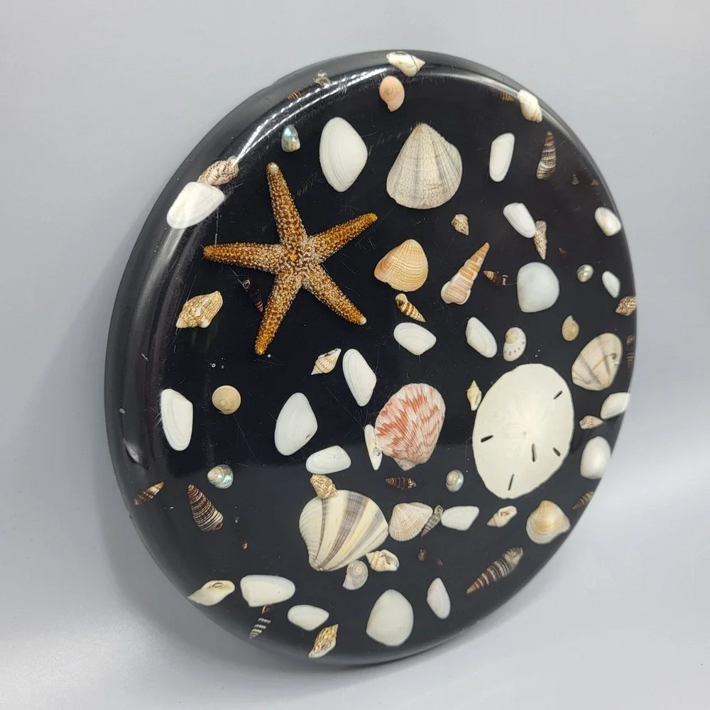 Vtg Lucite Resign Trivet Seashell Starfish Sand Dollar Black Kitchen Decor 8